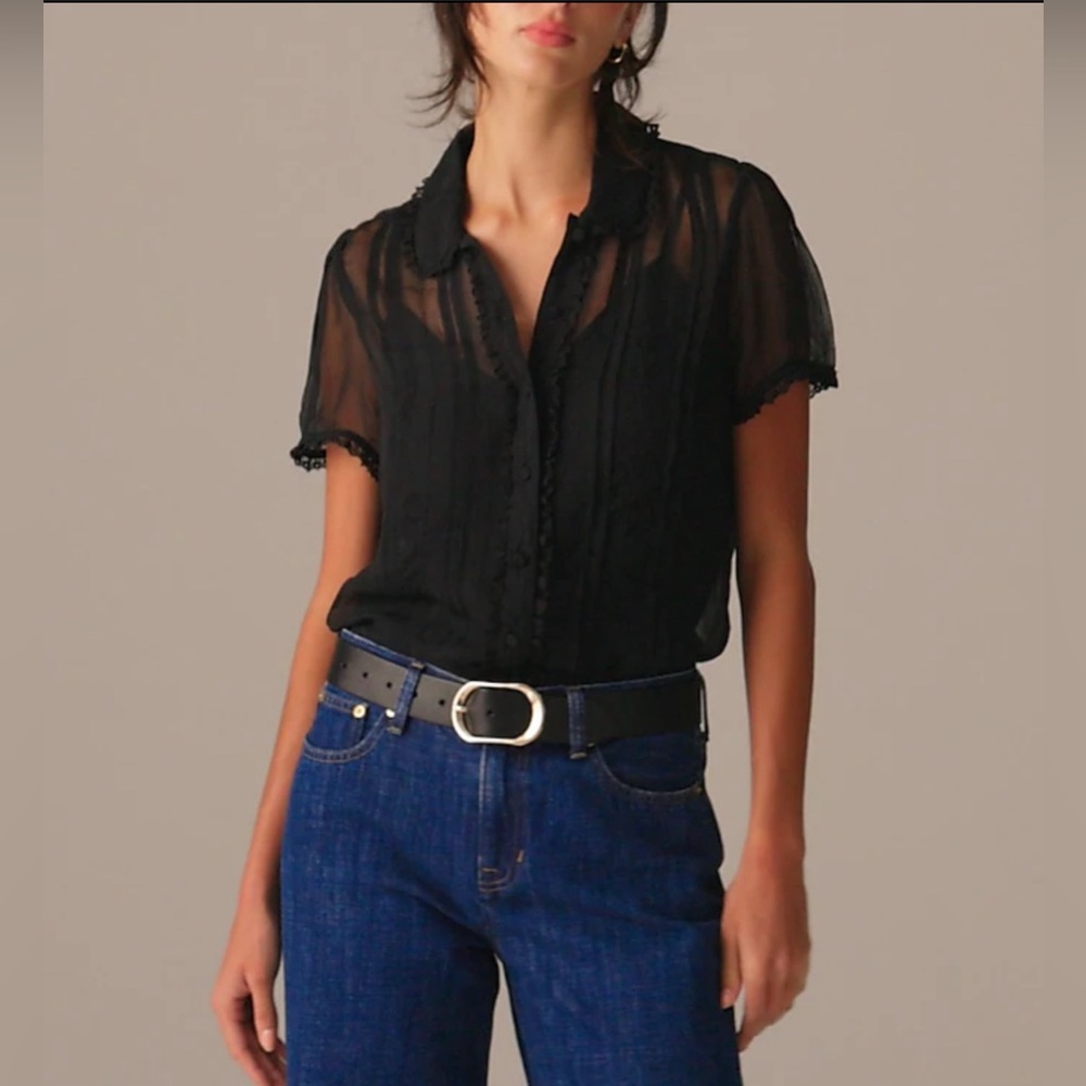 J. Crew Women Sheer Lace-trim Button-up Shirt in Chiffon Size 8 NWT #CD018